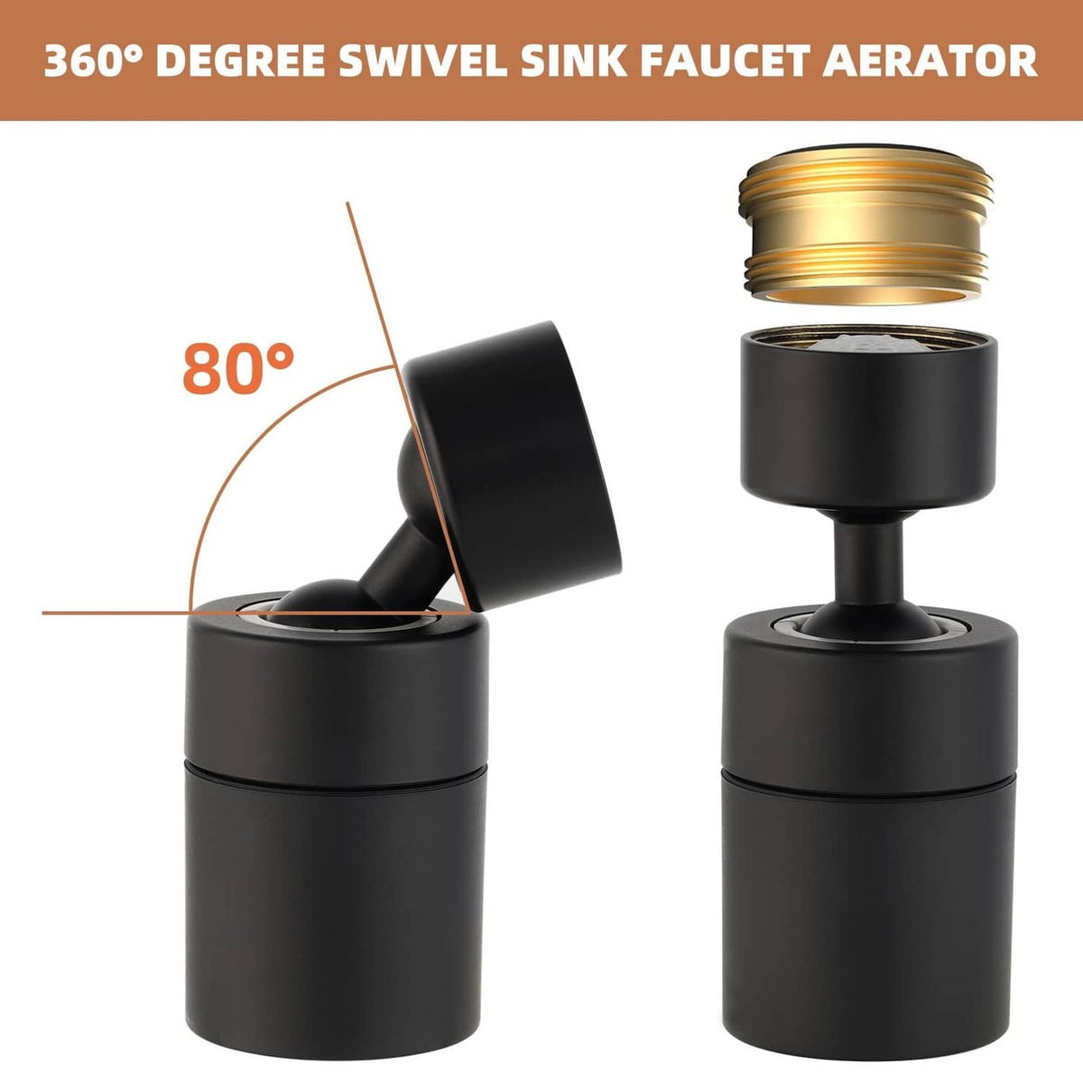 Matte black 360-degree swivel sink faucet aerator with angled fit