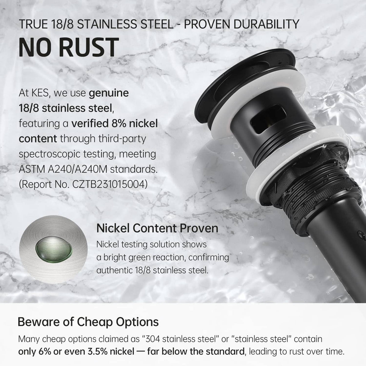 Black pop-up bathroom sink drain with verified 18/8 stainless steel construction