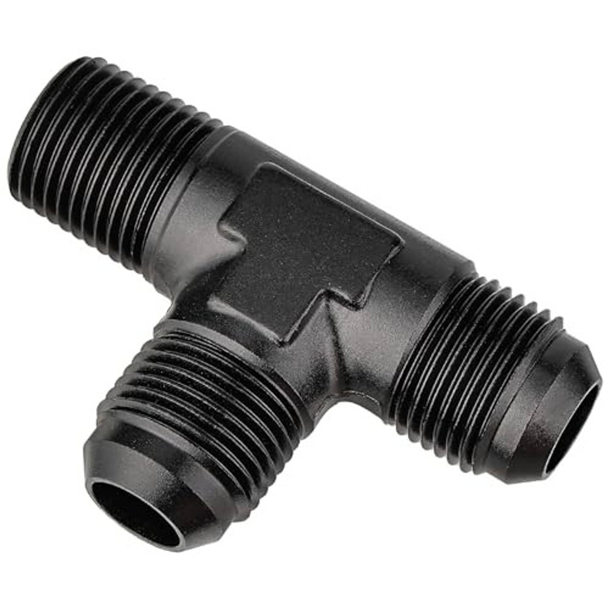 Black T-style adapter fitting with three-way body and threaded male ports