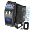 Polarity reversing rocker switch with blue LED indicators, up/down labels, and mounting frame