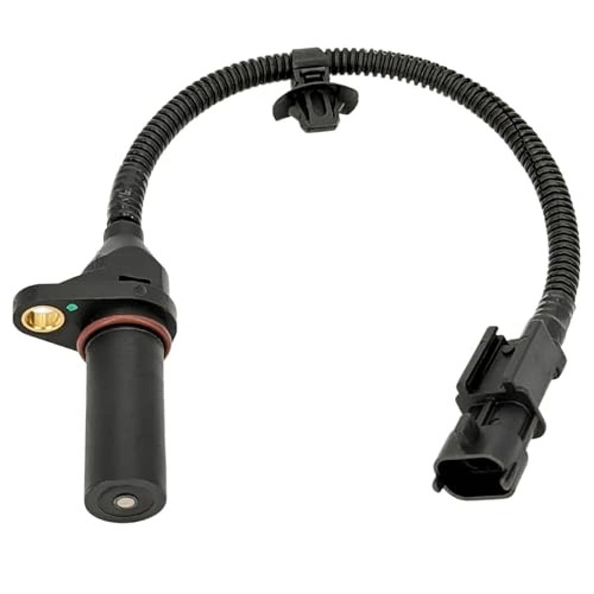 Crankshaft position sensor with mounting flange and black wiring harness
