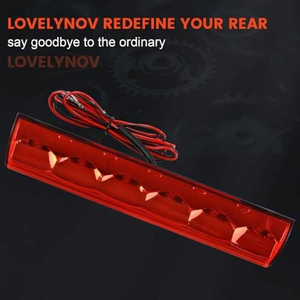 Slim red recessed LED third brake light bar with angled view and wiring harness