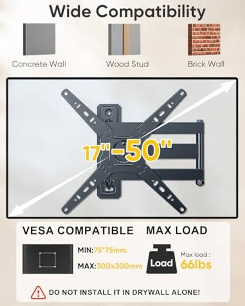 Black full-motion TV wall mount bracket with VESA mounting plate and cross arms