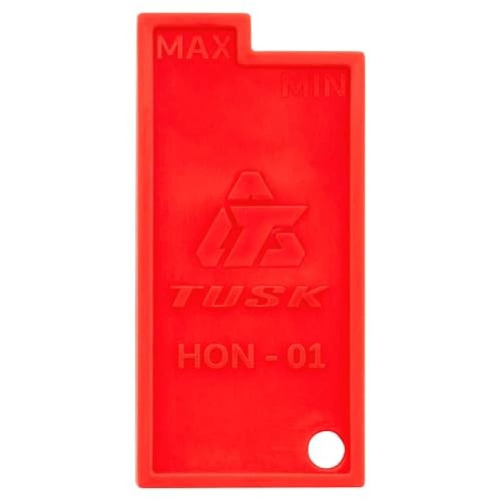 Red chain slack measuring tool, tall rectangular shape with MAX/MIN indicators