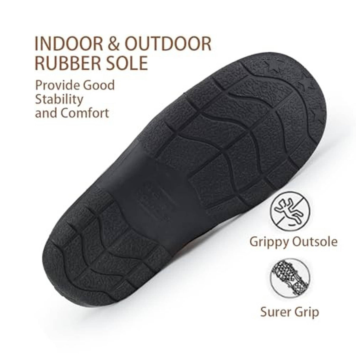 Brown men's moccasin slipper with black grippy rubber outsole tread