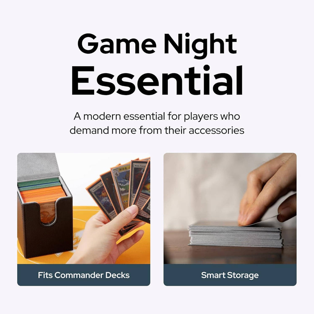 Black deck box with open flap holding layered cards in the interior