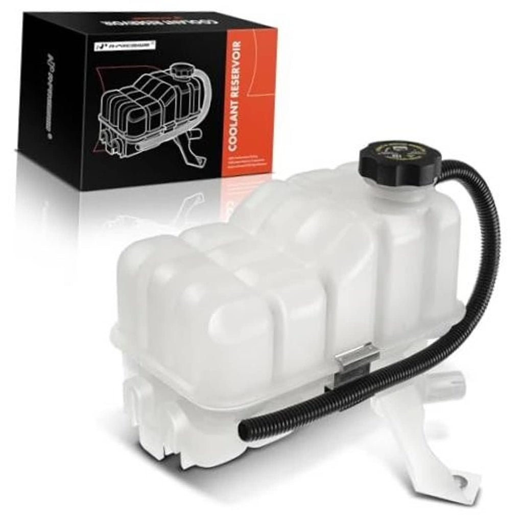 Coolant overflow recovery reservoir tank with black cap and attached coolant hose