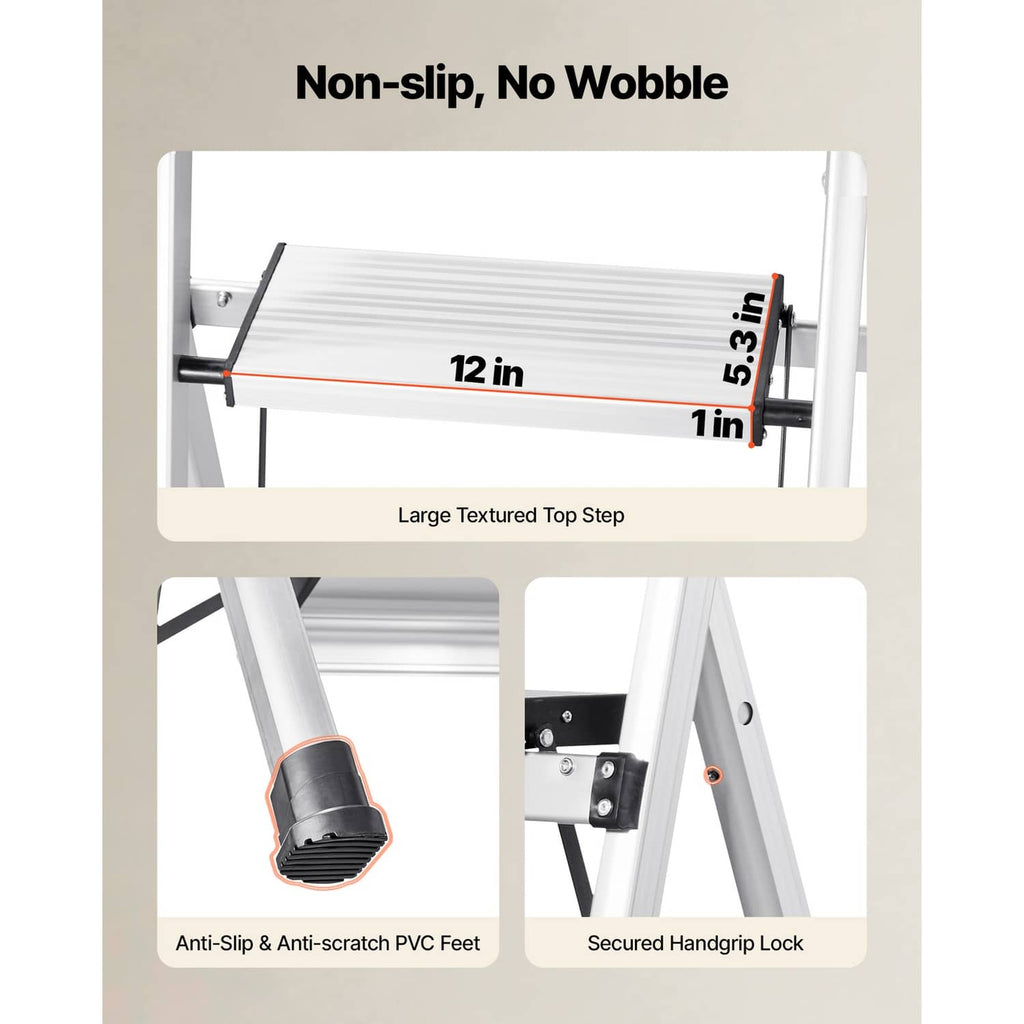 Ladder top step with textured anti-slip surface and secured handgrip lock