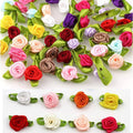 Mixed mini ribbon rose artificial fabric flowers with green leaves, colorful set