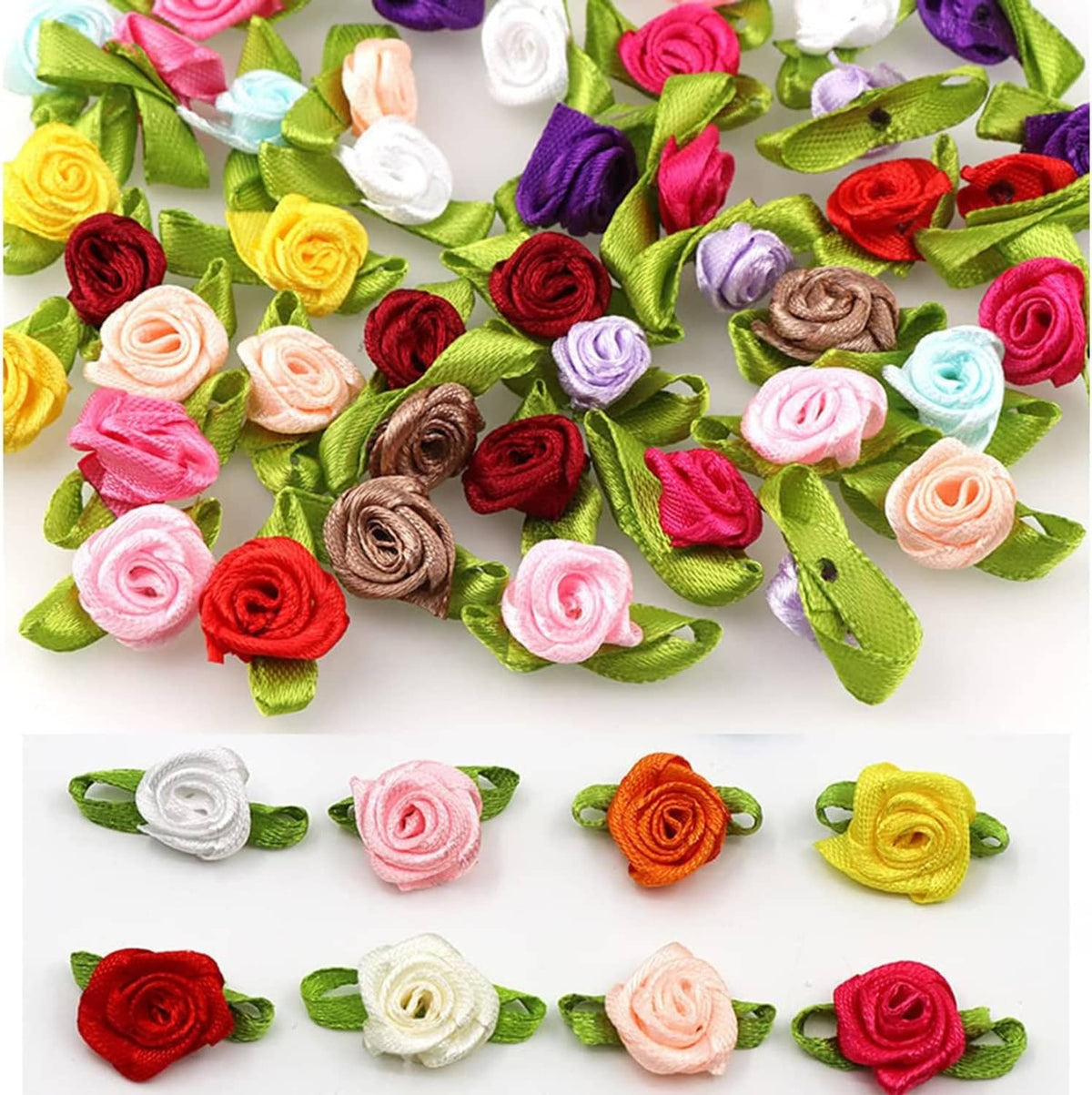 Mixed mini ribbon rose artificial fabric flowers with green leaves, colorful set