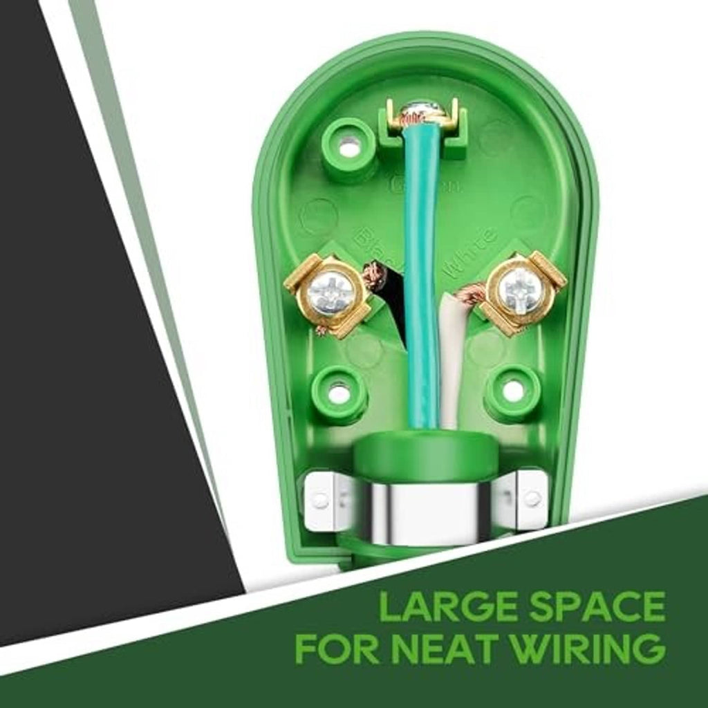 Green NEMA TT-30P plug base showing two brass terminals and wiring space