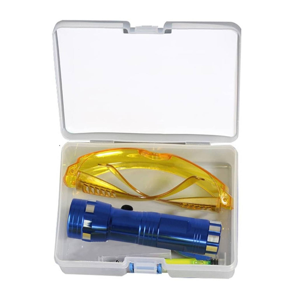 Leak detector kit case with fluorescent yellow goggles and blue UV flashlight