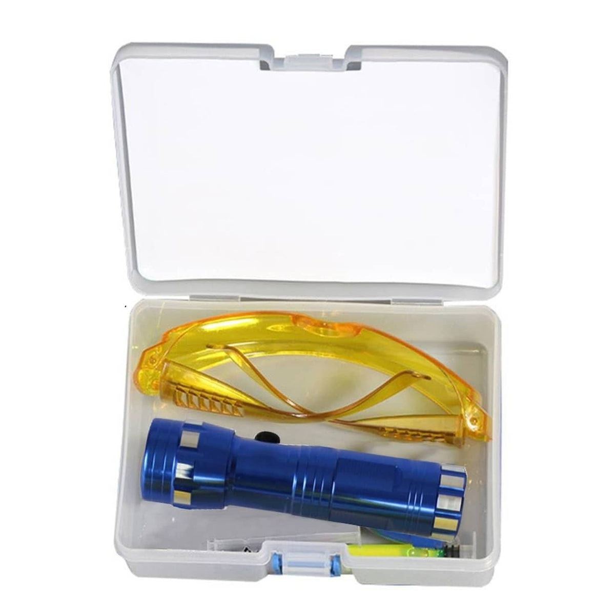 Leak detector kit case with fluorescent yellow goggles and blue UV flashlight