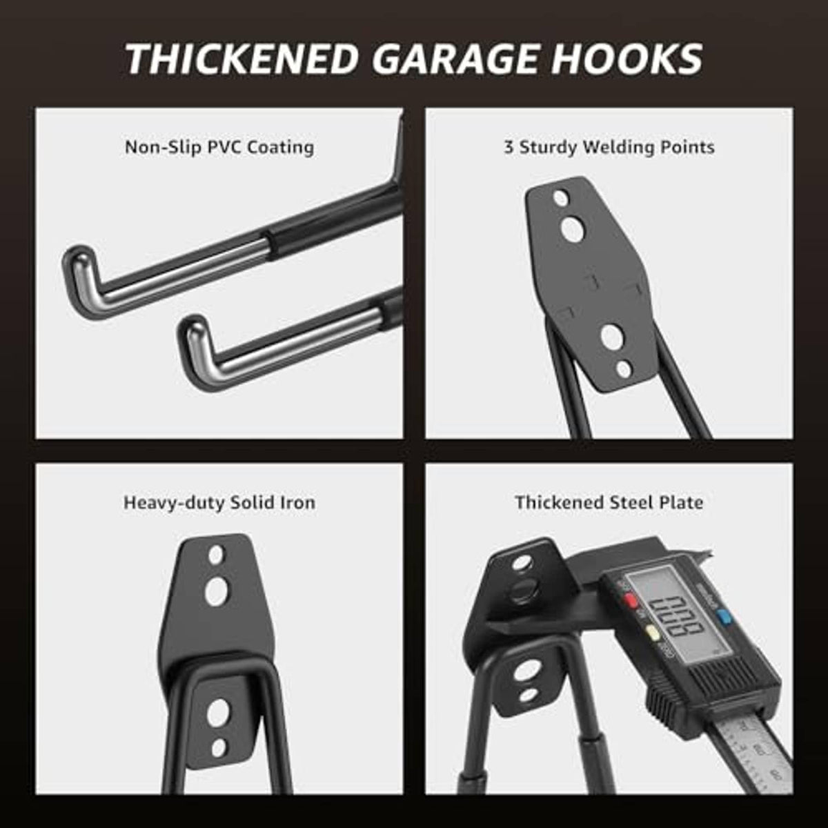 Thickened black garage hook with PVC-coated bar and steel mounting plate