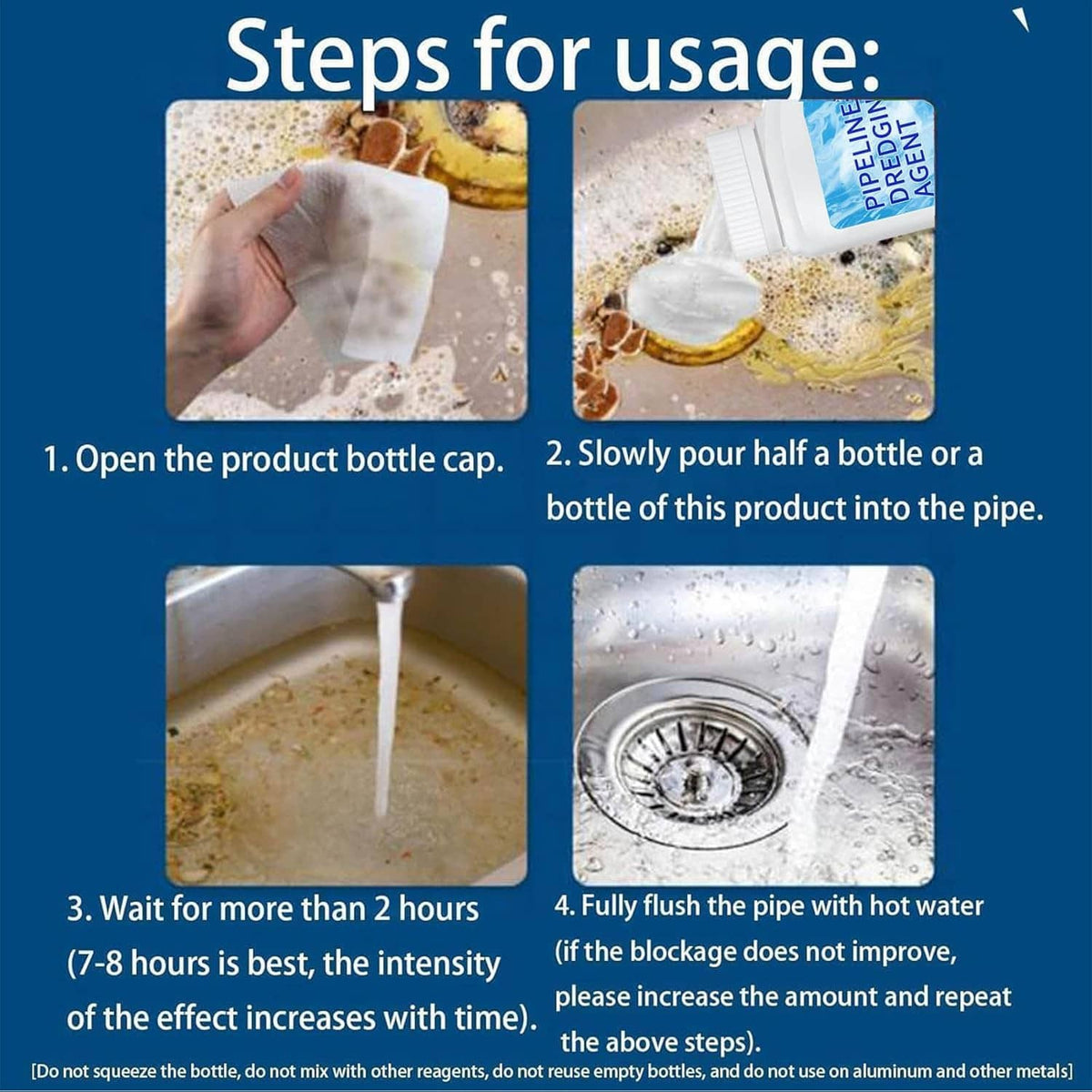 Four steps for drain clog remover: open cap, pour, wait, then flush with hot water