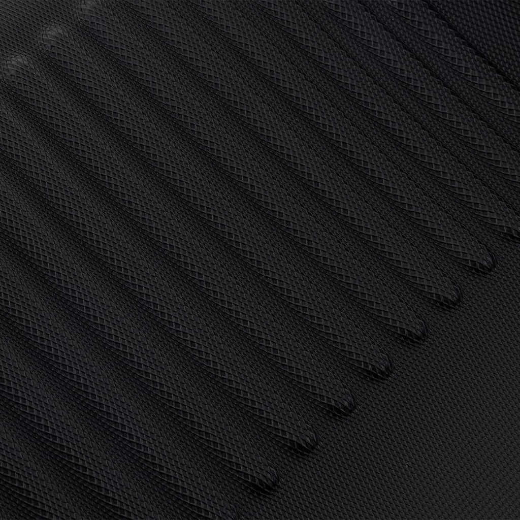 Close-up of black rubber floor mat with raised wave ridges for traction