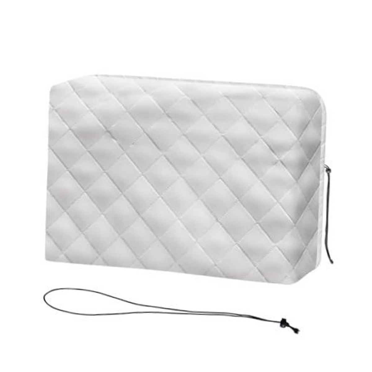 Gray quilted indoor air conditioner cover with side cord drawstring for window use.