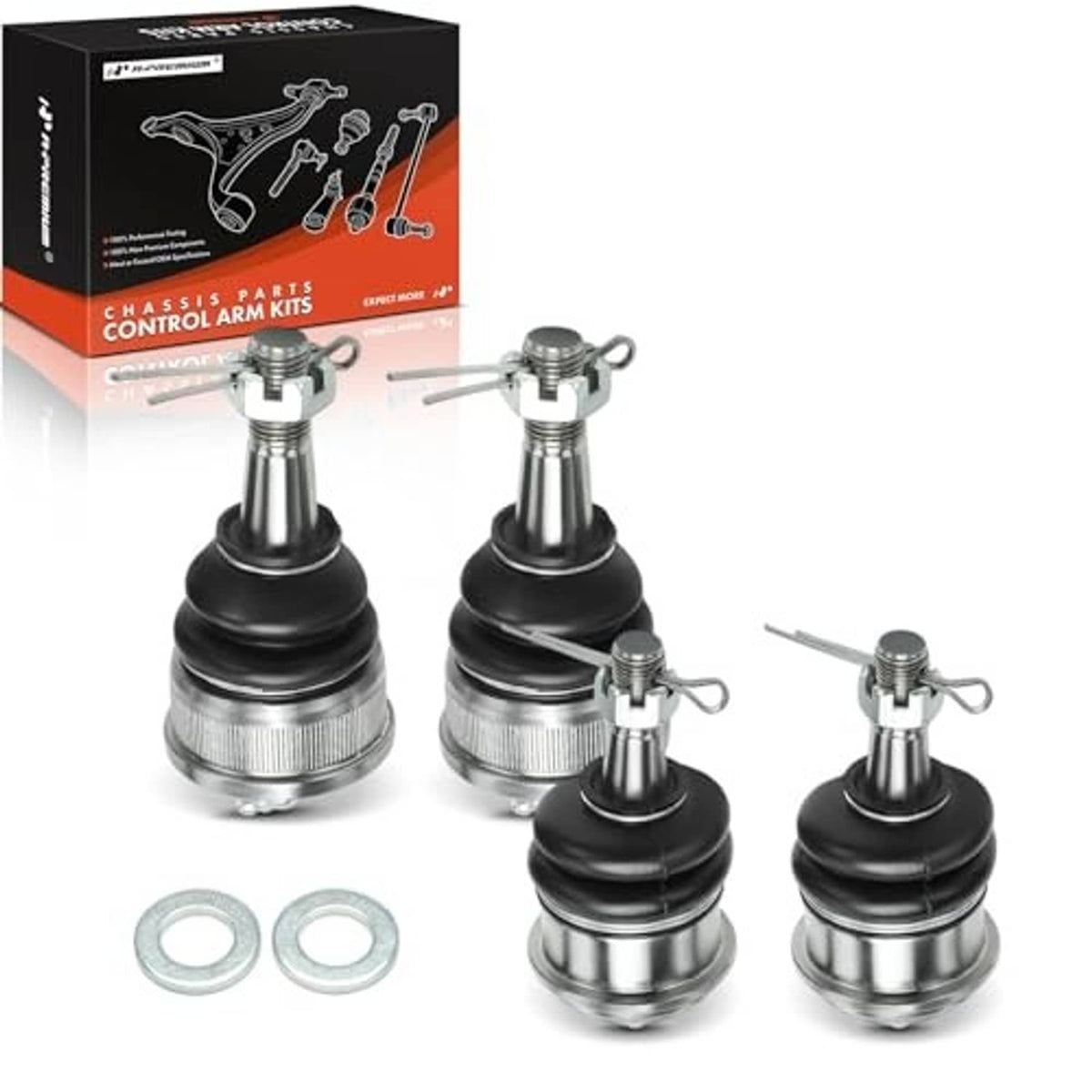 Ball joint kit with four chrome metal joints and black rubber boots plus two washers