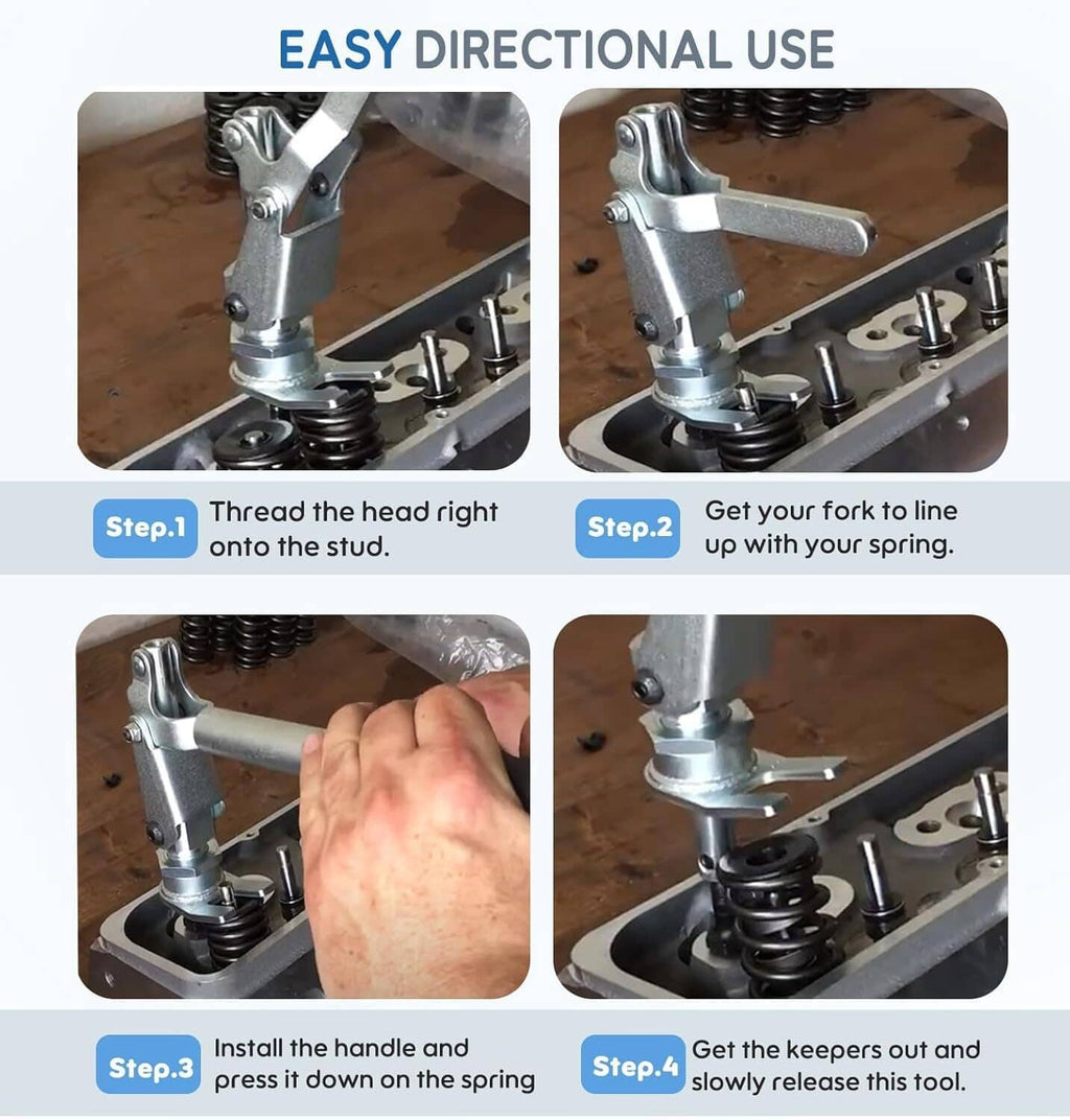 Valve spring compressor tool steps showing thread head alignment and keeper removal