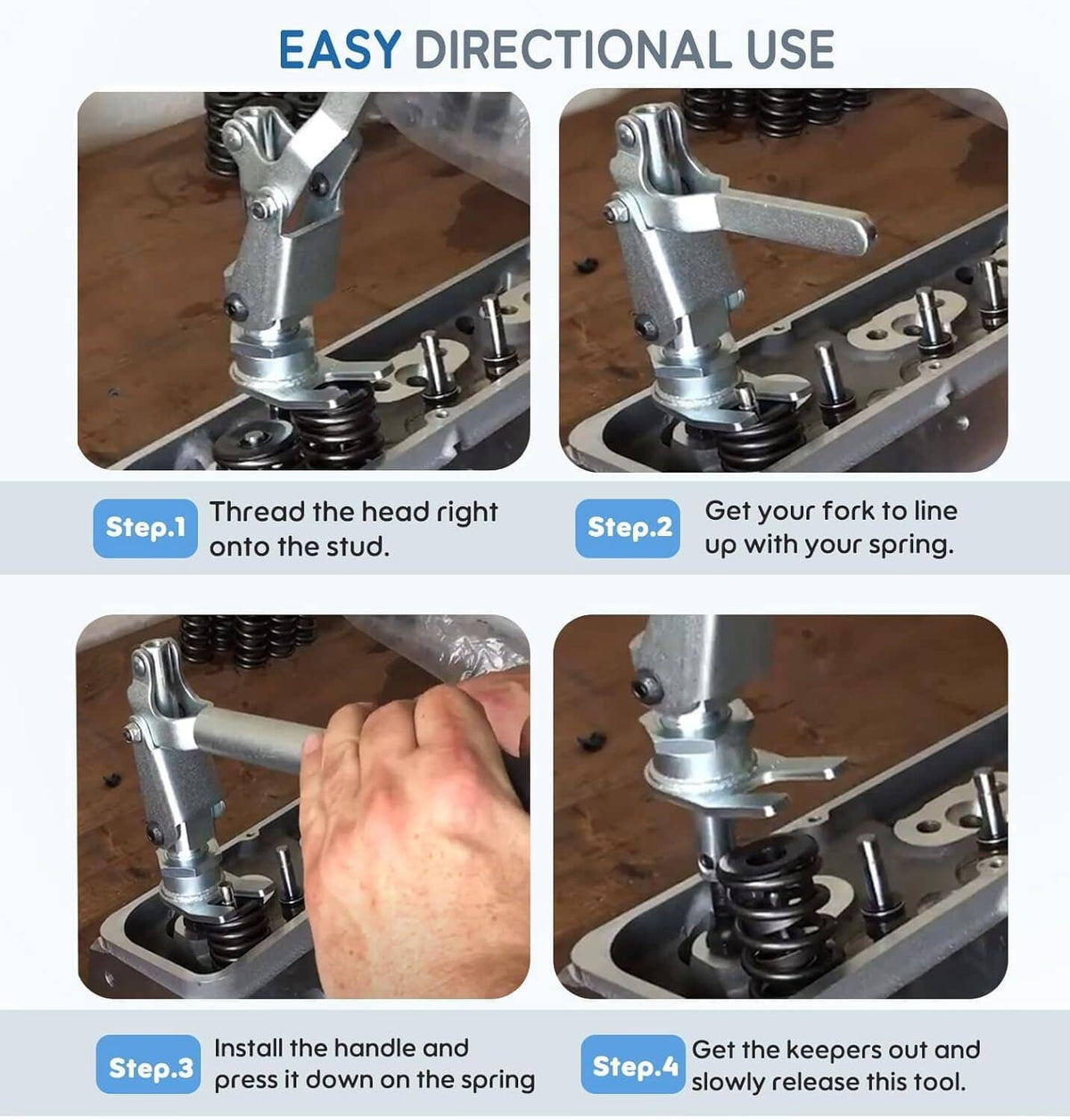 Valve spring compressor tool steps showing thread head alignment and keeper removal
