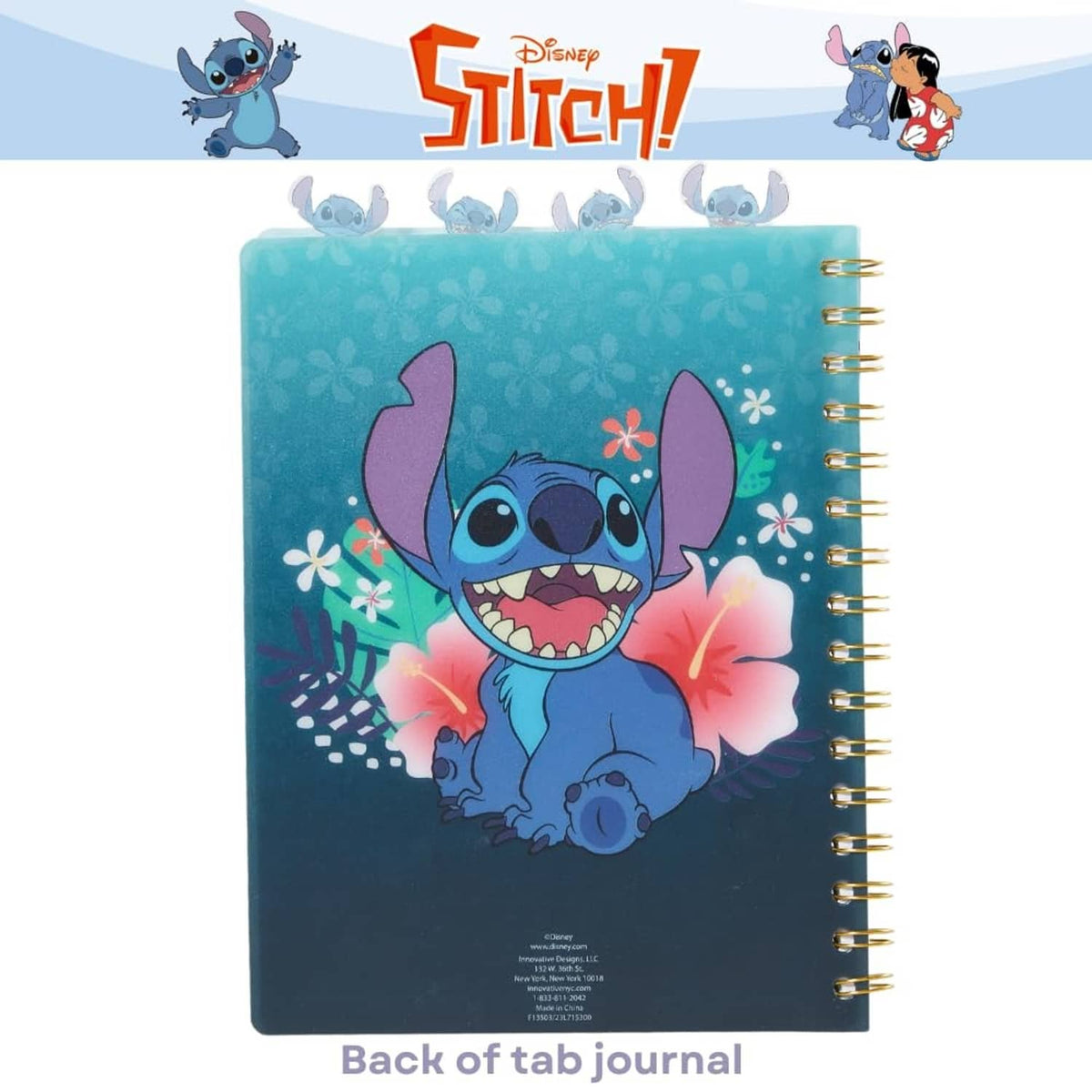 Lilo & Stitch back of tab journal with blue Stitch and floral accents