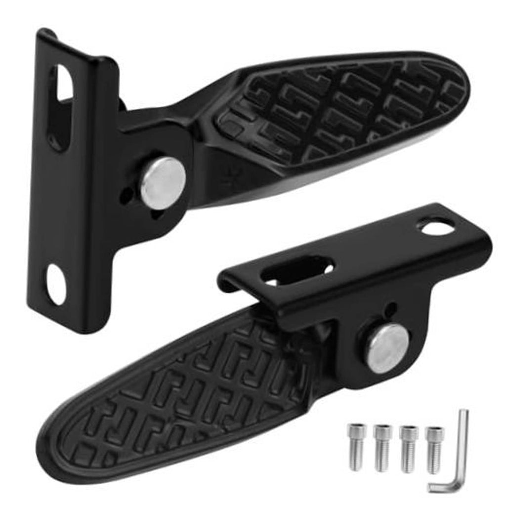 Black foldable electric scooter foot pegs set with non-slip tread and mounting bracket, screws