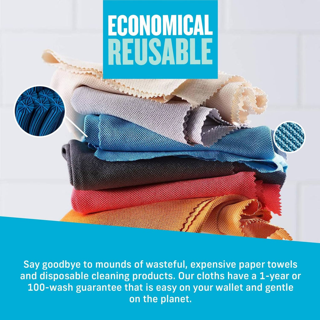 E-Cloth microfiber cleaning cloth set, stack of reusable cloths in blue, gray, and red