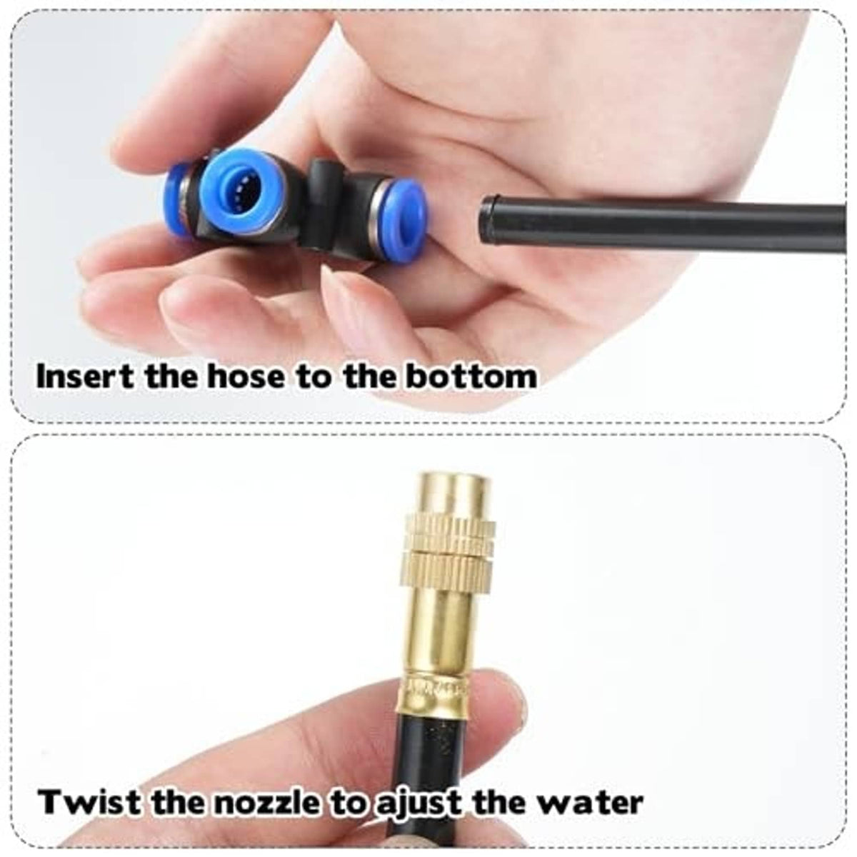 Hands show inserting hose into a brass misting nozzle tee and twisting to adjust