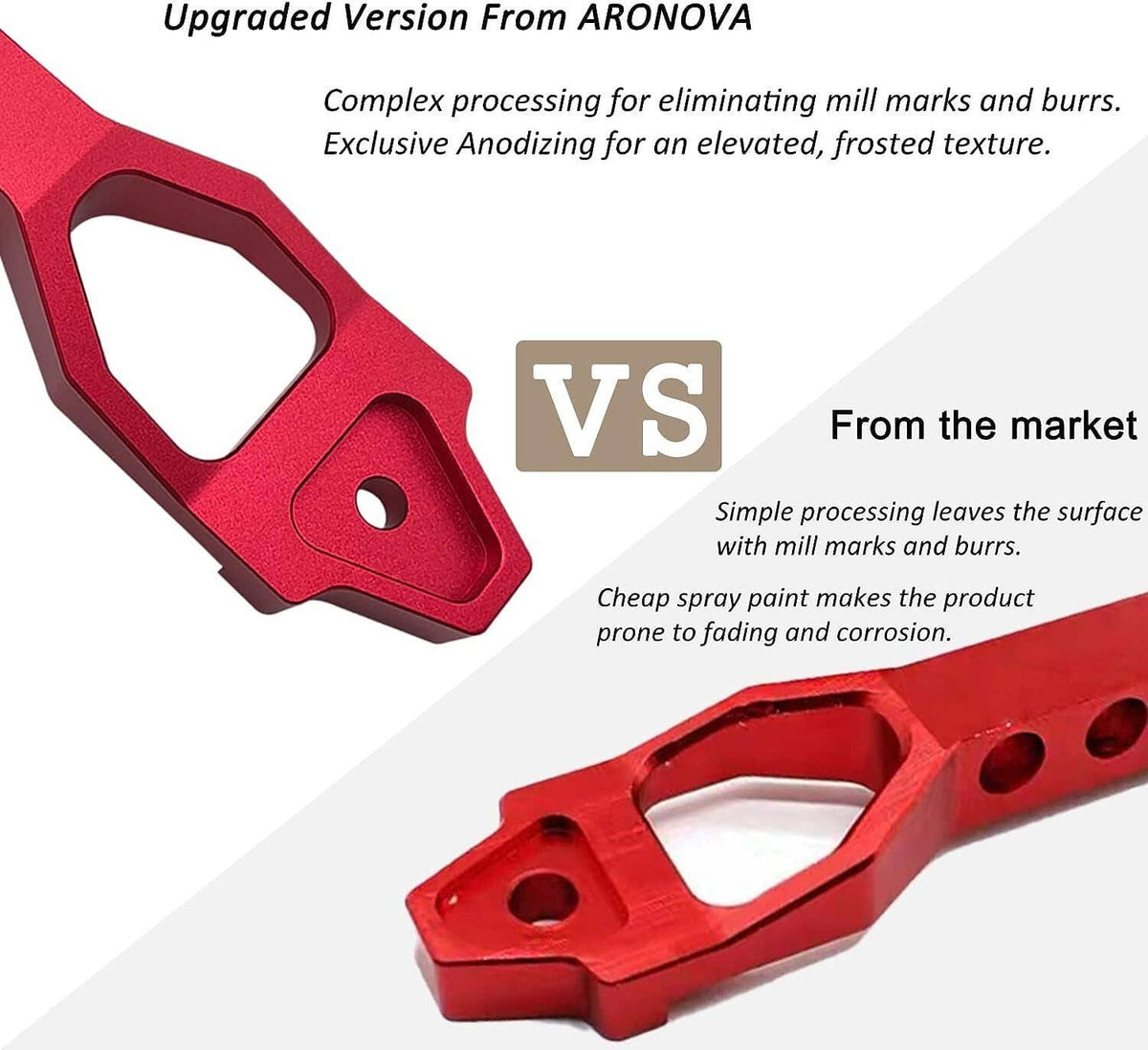 Red aluminum battery tie down mount bracket with machined cutouts and mounting holes
