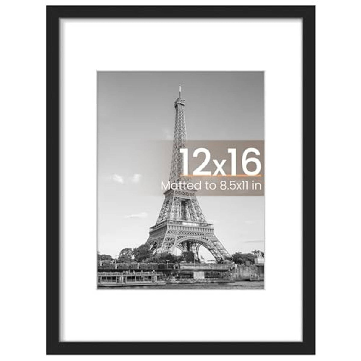 Black picture frame holding a monochrome Eiffel Tower photo without mat