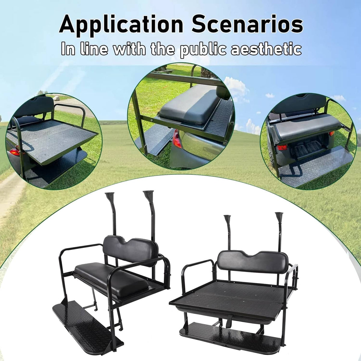Black flip rear seat kit with padded backrest and fold-out platform steps