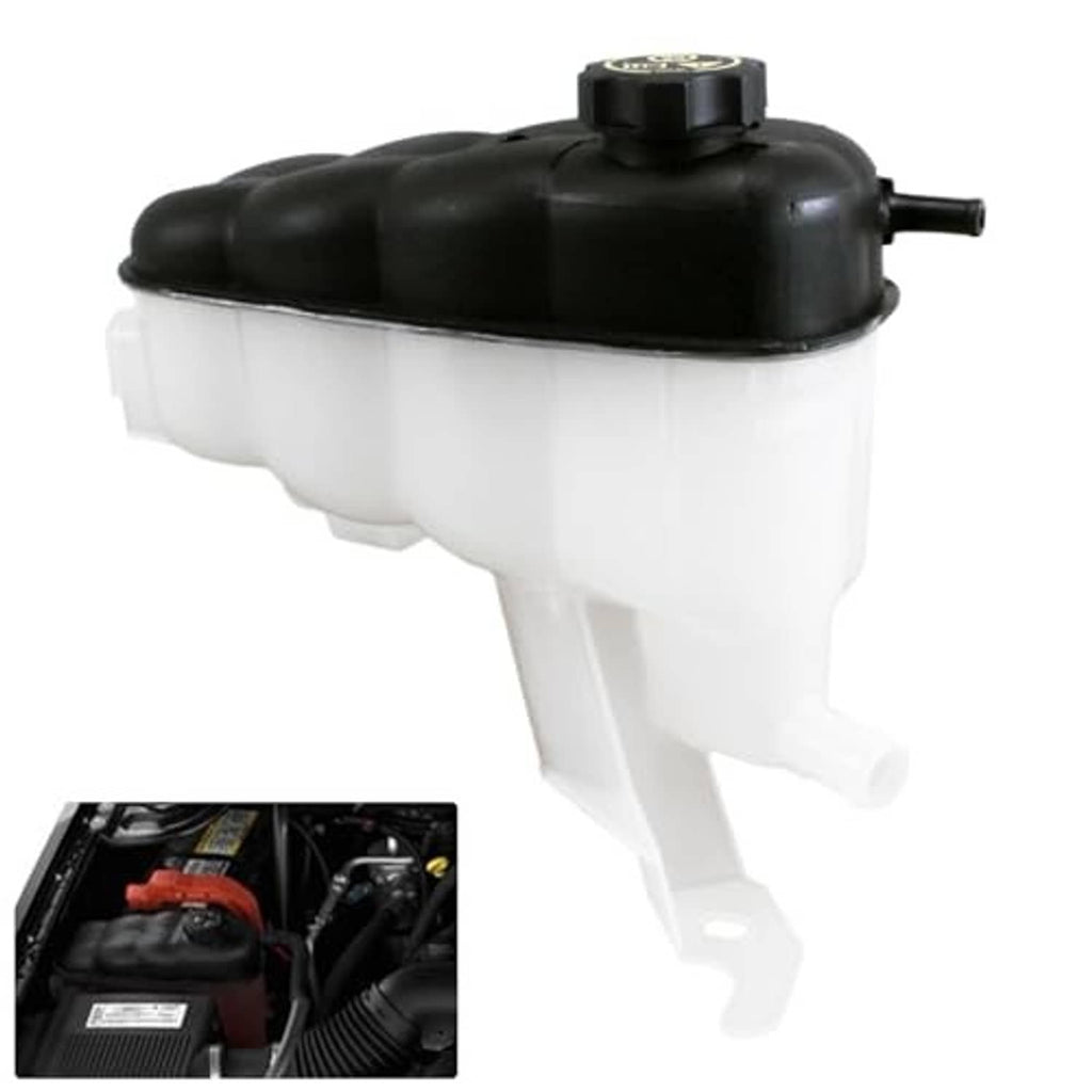 Engine coolant reservoir tank with black cap and side hose, white translucent body