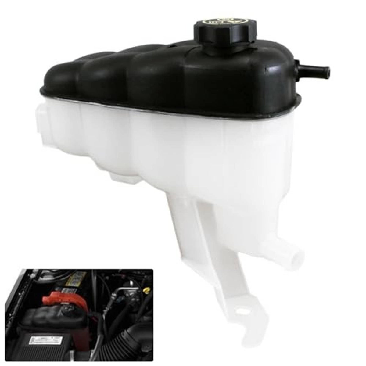 Engine coolant reservoir tank with black cap and side hose, white translucent body