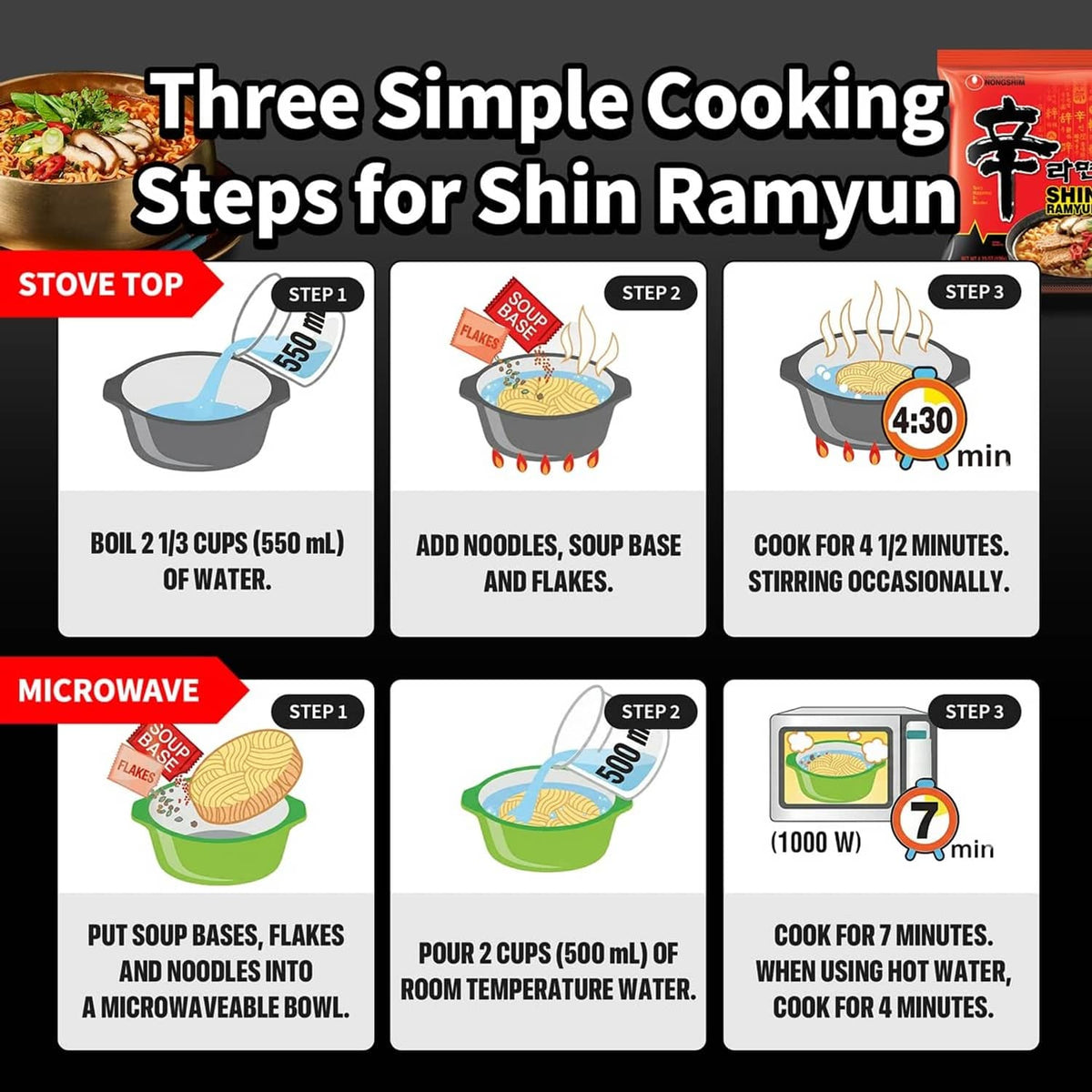 Spicy ramen noodle cooking instructions diagram with stovetop and microwave steps