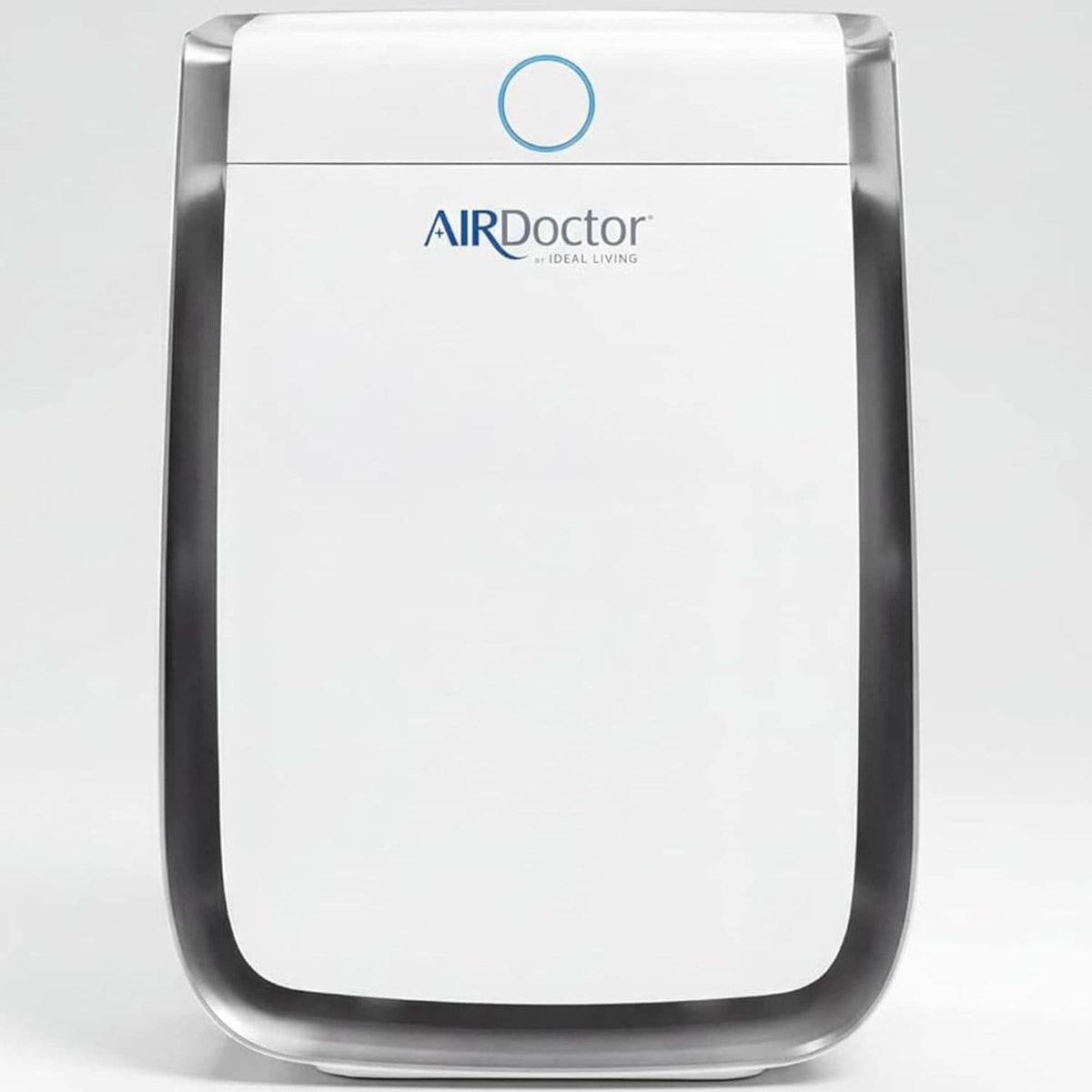 AirDoctor compact air purifier with rounded silver sides and blue indicator ring