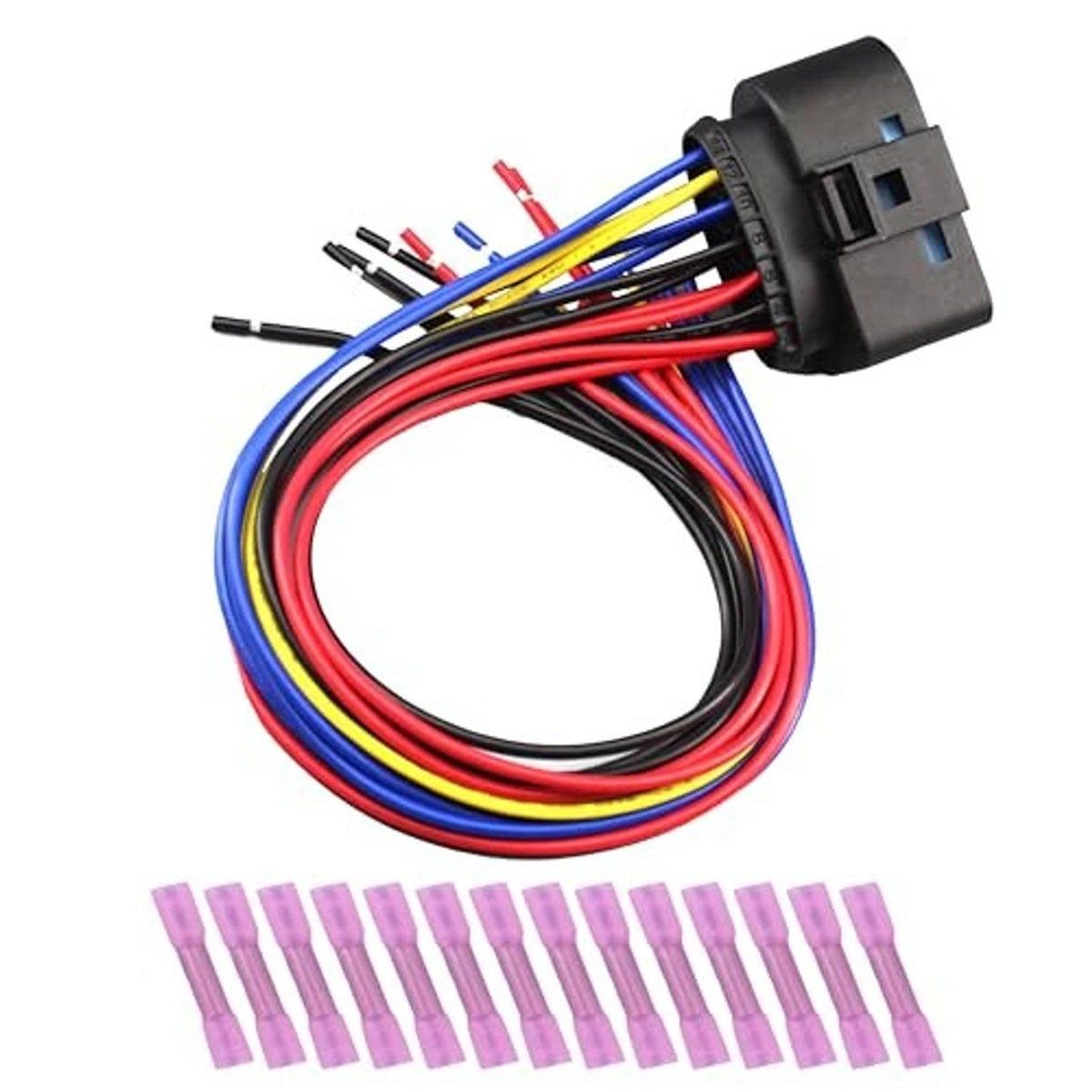 14-pin headlight wire harness with multicolor wires and pink terminal pins, black plug