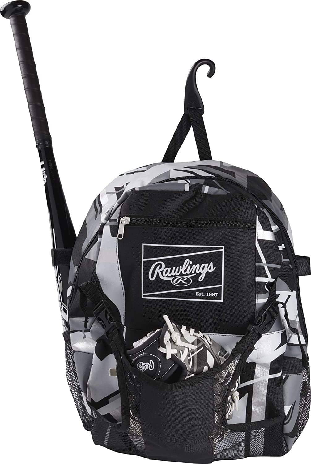 Baseball equipment backpack with black-and-white geometric pattern, front zip pocket, hanging hook.