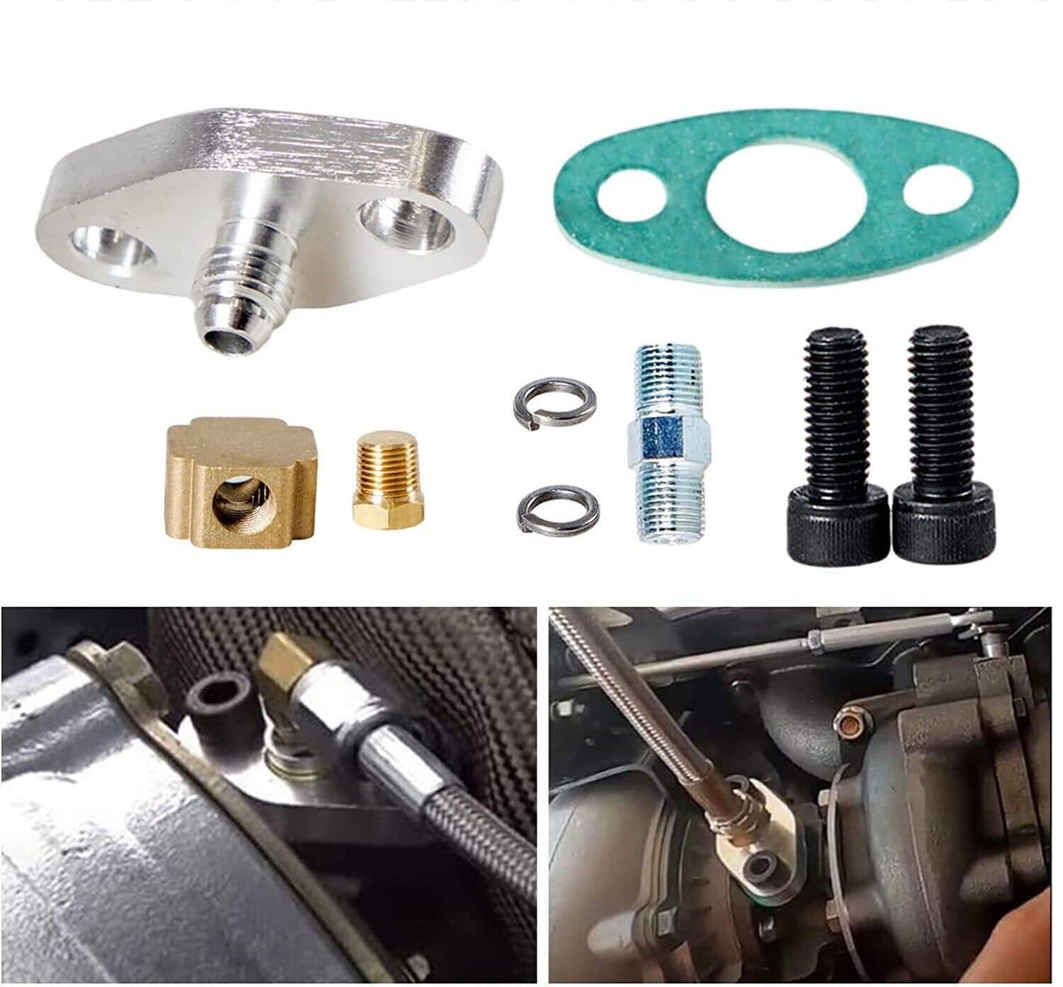 Oil line fitting kit parts close-up with flange, gasket, adapters, and rubber caps