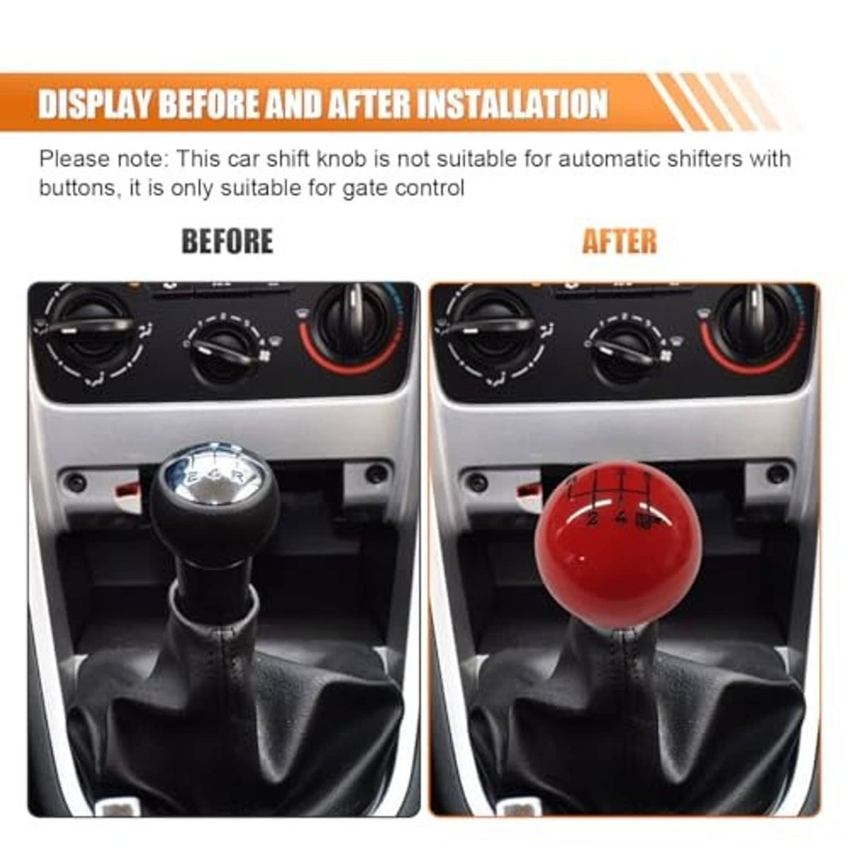 Red 6-speed gear shift knob installed in a manual shifter with black leather boot