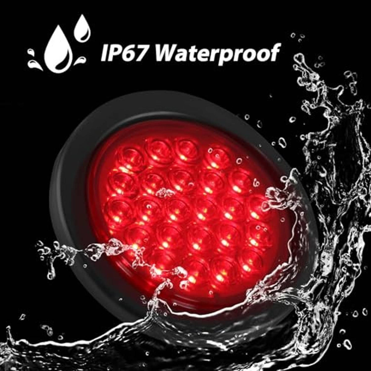 Waterproof 4-inch round red LED trailer tail light with red glow in lens