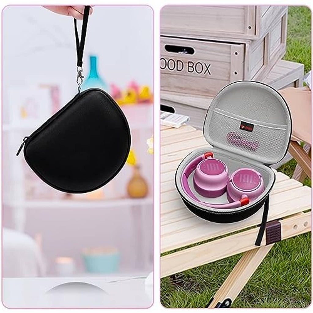 Black zip headphone case with strap, and gray open case holding purple headphones (two views).