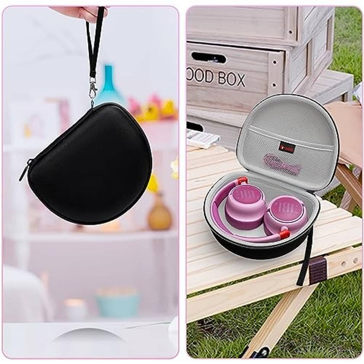 Black zip headphone case with strap, and gray open case holding purple headphones (two views).