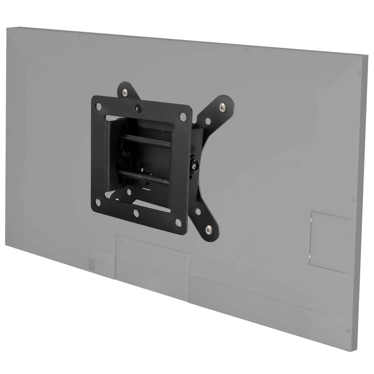 TV wall mount back plate with locking arms and VESA mounting holes, black steel bracket