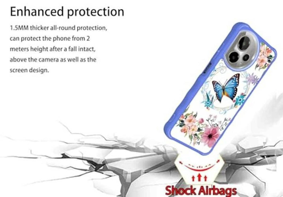 Blue floral butterfly phone case with thick protective corners and dual camera openings