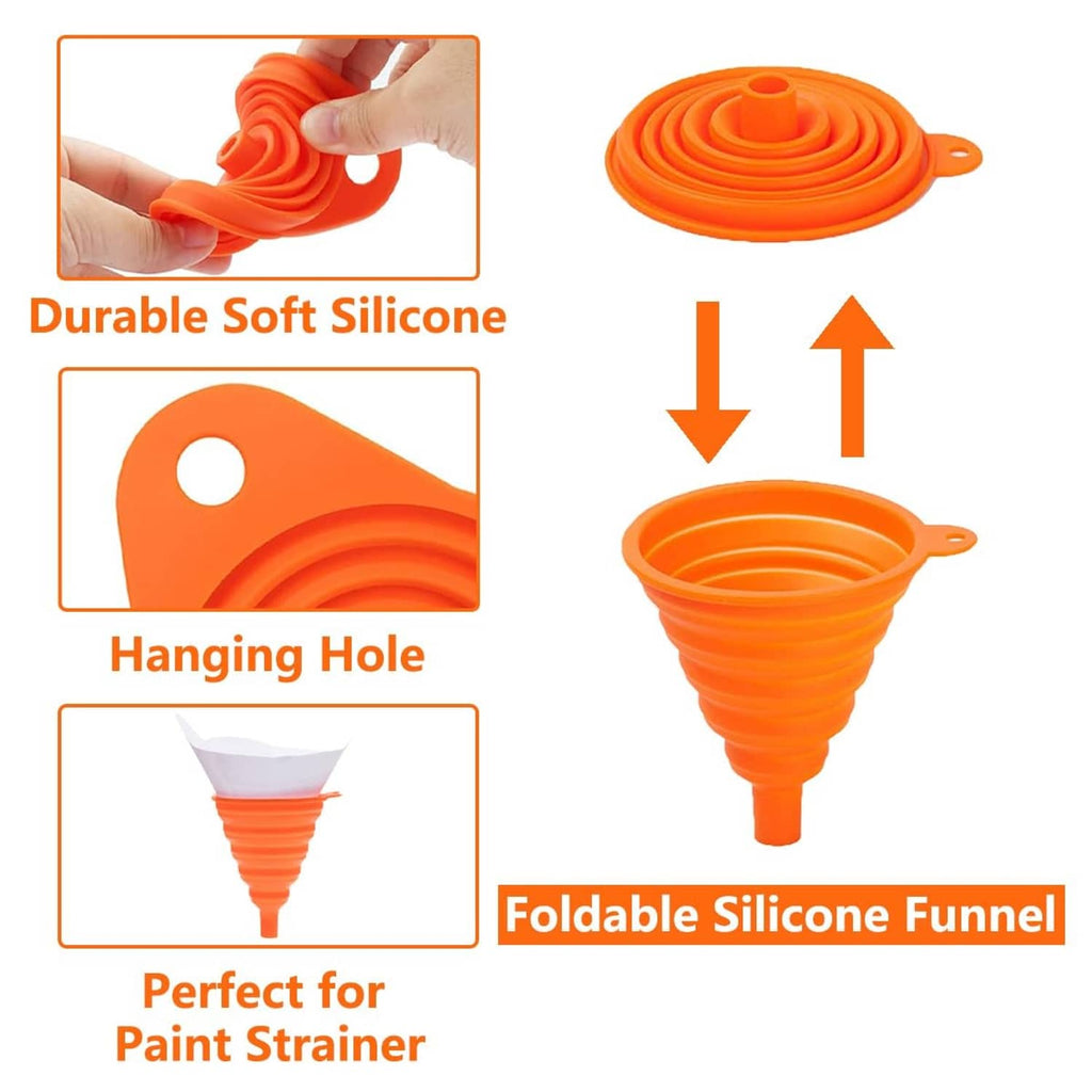 Foldable orange silicone funnel with hanging hole for white paper paint strainer cones