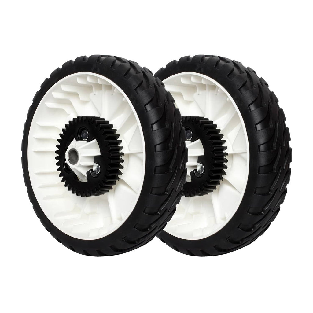 Pair of 8-inch lawn mower wheels with black rubber tires and white plastic hubs