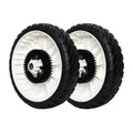 Pair of 8-inch lawn mower wheels with black rubber tires and white plastic hubs