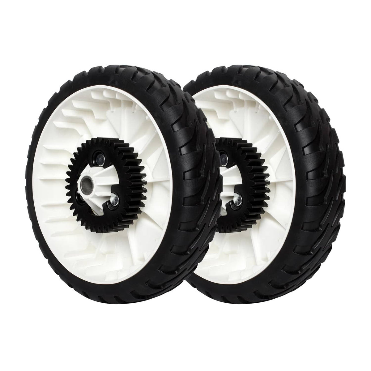 Pair of 8-inch lawn mower wheels with black rubber tires and white plastic hubs