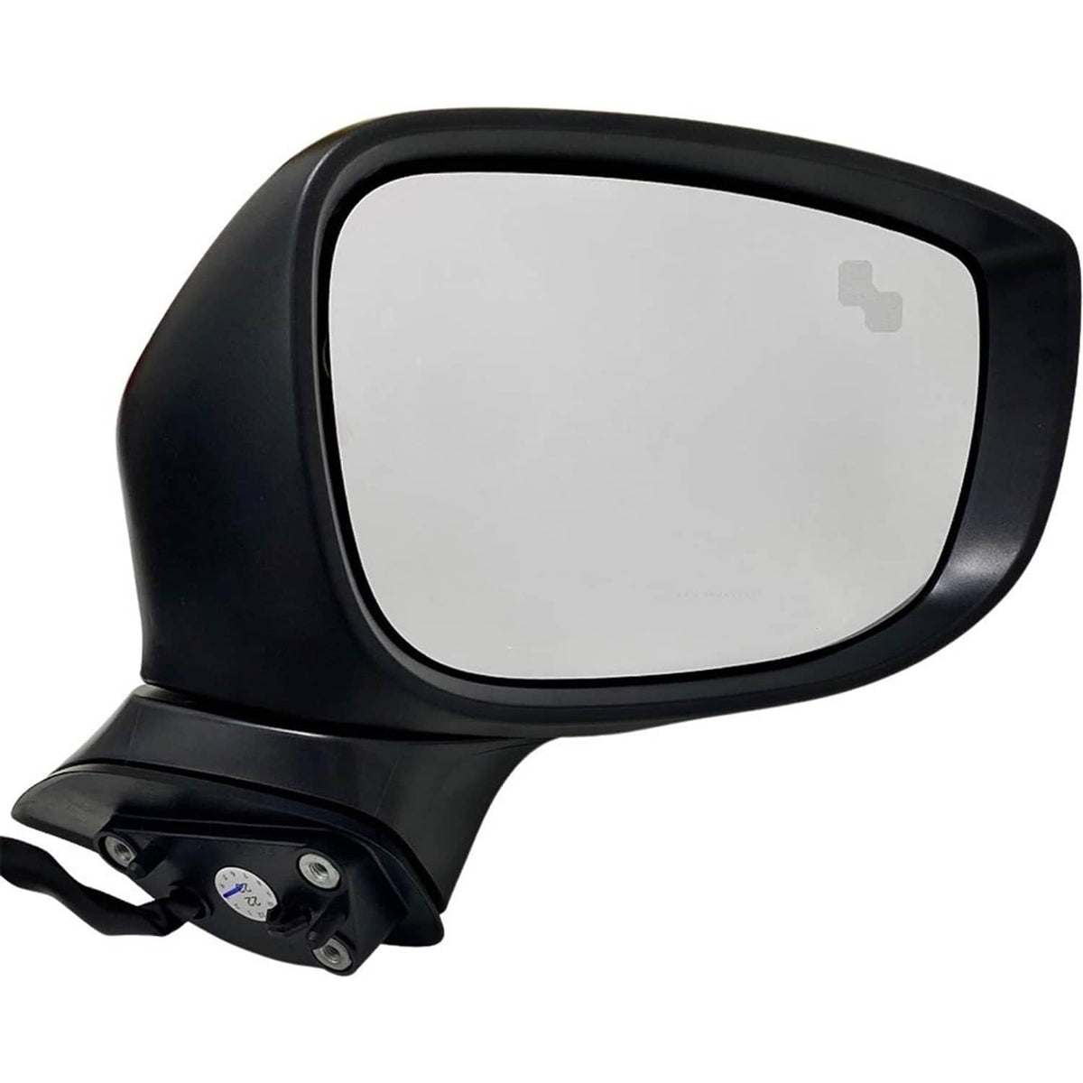 Black passenger-side mirror with reflective glass and visible wiring base