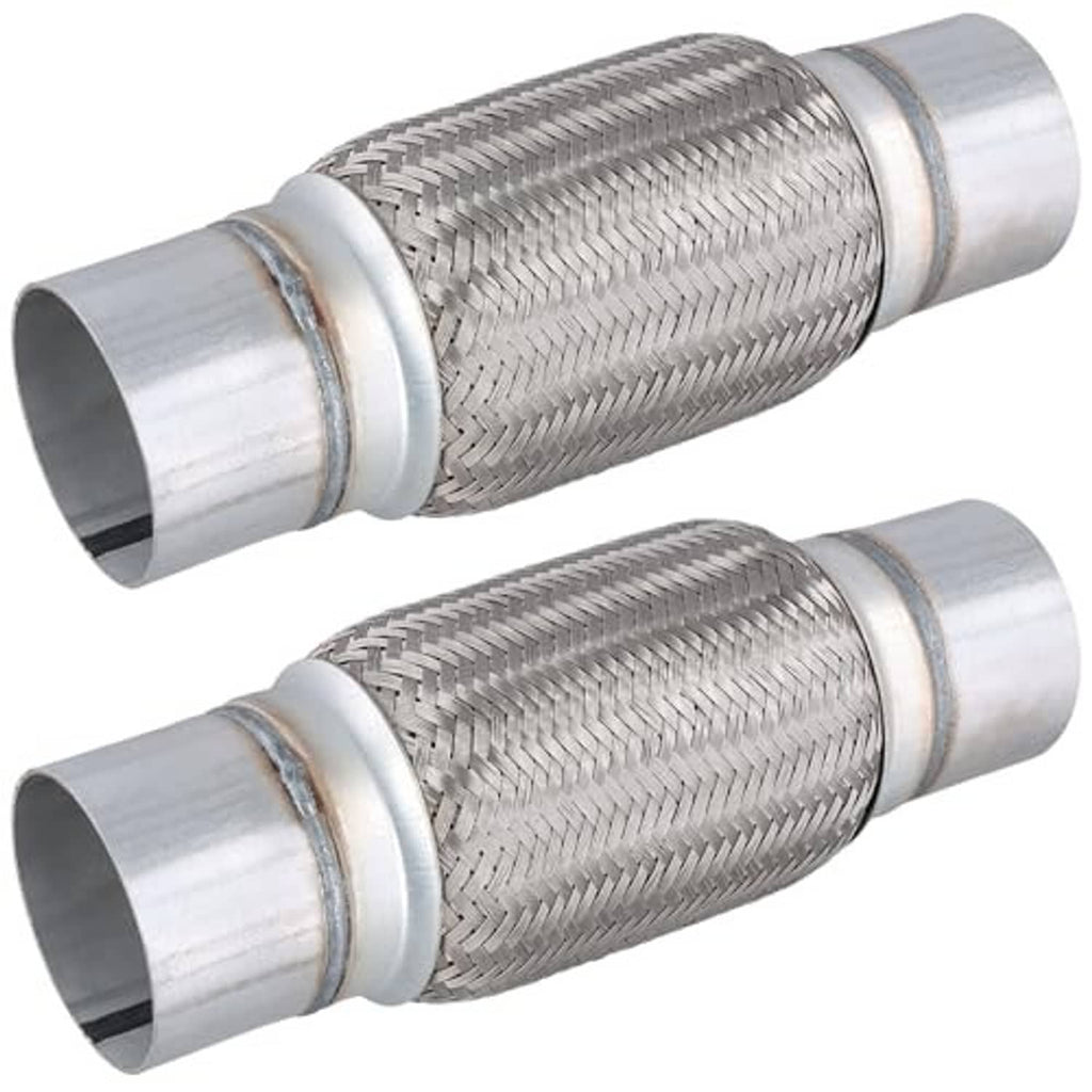 Two stainless steel double-braided exhaust flex pipes with metal end couplers